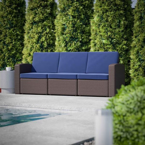Seneca Brown Faux Rattan Sofa with All-Weather Navy Cushions, Flash Furniture, Mfr#: DAD-SF1-3-BNNV-GG